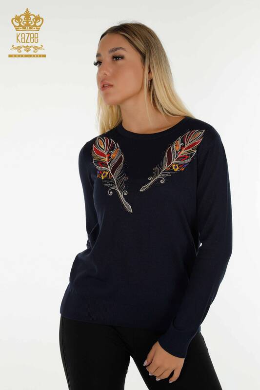 Женский вязаный свитер оптом - Красочная вышивка - Темно-синий - 30147 | КАZEE