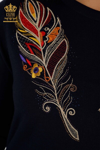 Женский вязаный свитер оптом - Красочная вышивка - Темно-синий - 30147 | КАZEE - Thumbnail