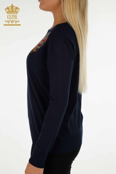 Женский вязаный свитер оптом - Красочная вышивка - Темно-синий - 30147 | КАZEE - Thumbnail