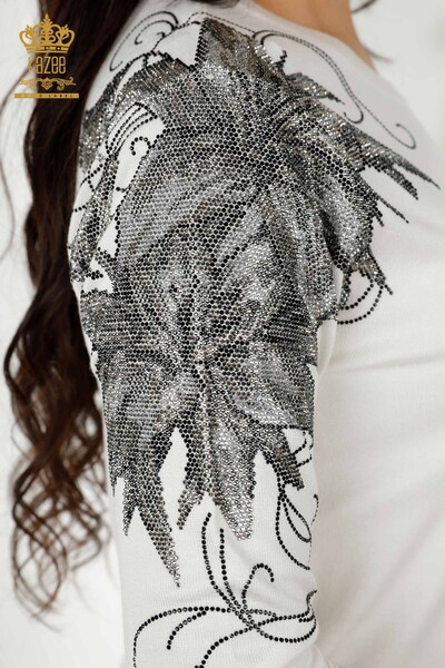 Женский трикотажный свитер оптом Вышитый хрустальным камнем Экрю - 30210 | КАZEE - 5