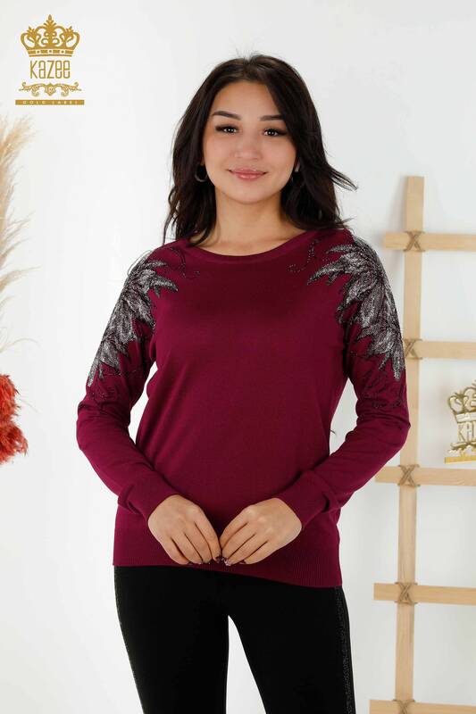 Женский трикотажный свитер оптом Вышитый хрустальным камнем Фиолетовый - 30210 | КAZEE