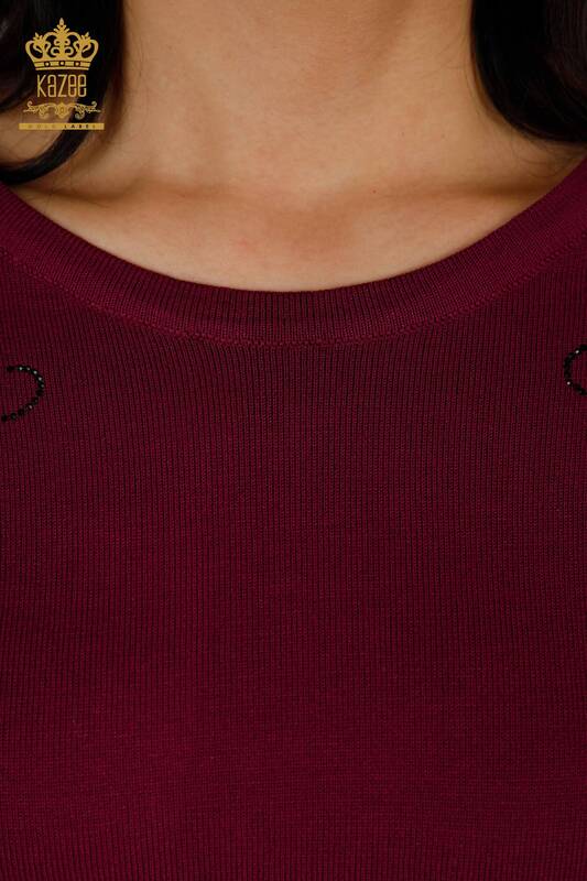 Женский трикотажный свитер оптом Вышитый хрустальным камнем Фиолетовый - 30210 | КAZEE