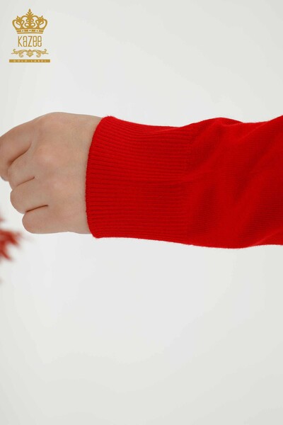 Женский трикотажный свитер оптом Вышитый хрустальным камнем Красный - 30018 | КАZEE - Thumbnail