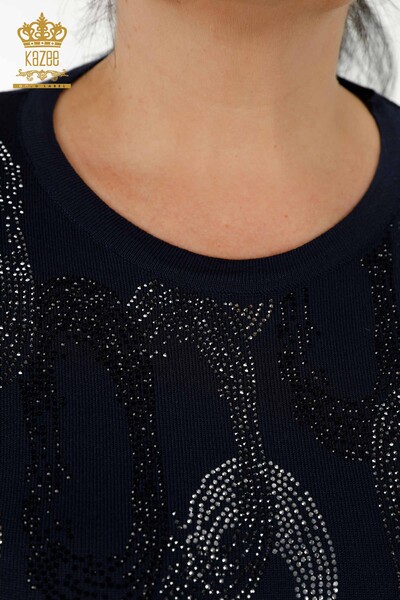 Женский трикотажный свитер оптом - Кристаллы Вышитые камнями - Темно-синий - 16964 | КАZEE - Thumbnail