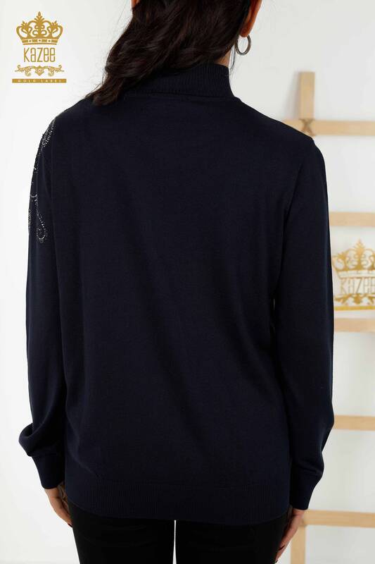 Женский трикотажный свитер оптом - Кристаллы Вышитые камнями - Темно-синий - 30013 | КАZEE