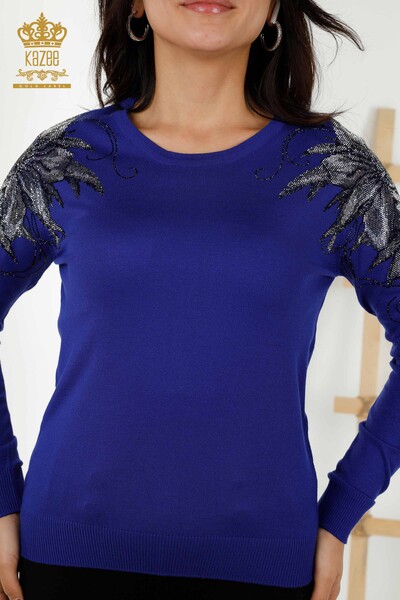 Женский трикотажный свитер оптом Вышитый хрустальным камнем Темно-синий - 30210 | КAZEE - Thumbnail