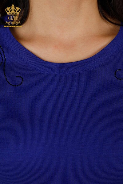 Женский трикотажный свитер оптом Вышитый хрустальным камнем Темно-синий - 30210 | КAZEE - Thumbnail