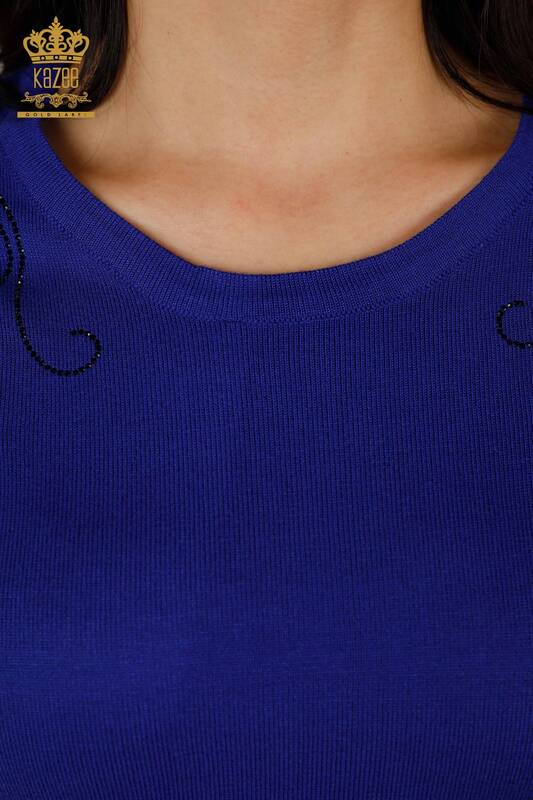 Женский трикотажный свитер оптом Вышитый хрустальным камнем Темно-синий - 30210 | КAZEE