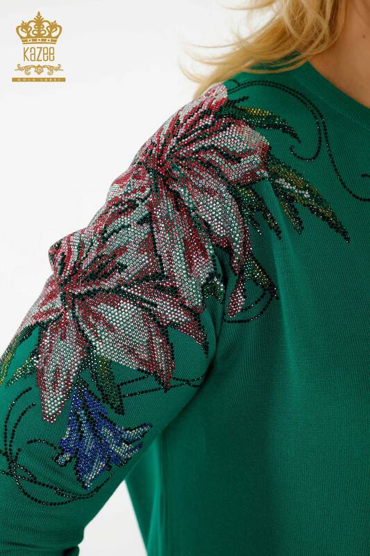 Женский свитер оптом - Кристалл Вышитый камень - Зеленый - 30230 | КАZEE