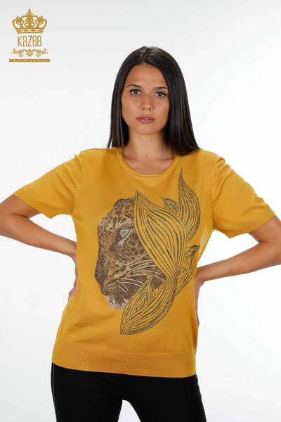 Женский трикотаж свитер оптом круглый вырез леопард с узорами листья из камней - 16949 | КАZЕЕ - Thumbnail