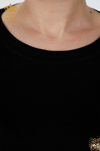 Женский трикотаж свитер оптом круглый вырез на рукавах и сперди полоса с камнями - 15925 | КАZЕЕ - Thumbnail