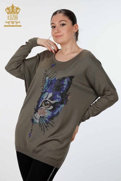 Женский трикотаж свитер оптом круглый вырез полу лицо кота с камнями - 16471 | КАZЕЕ - Thumbnail