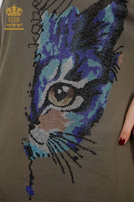 Женский трикотаж свитер оптом круглый вырез полу лицо кота с камнями - 16471 | КАZЕЕ