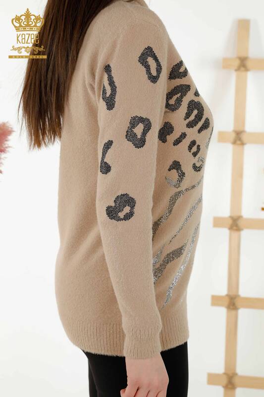 Женский свитер оптом - Леопардовый Вышитый камнями - Бежевый - 40004 | КАZEE