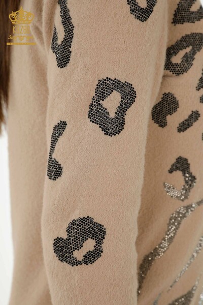 Женский свитер оптом - Леопардовый Вышитый камнями - Бежевый - 40004 | КАZEE - Thumbnail