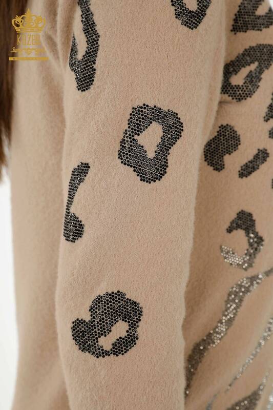 Женский свитер оптом - Леопардовый Вышитый камнями - Бежевый - 40004 | КАZEE