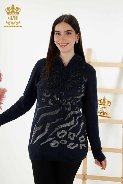 Женский трикотажный свитер оптом леопардовый вышитый камнем темно-синий - 40004 | КАZEE - Thumbnail