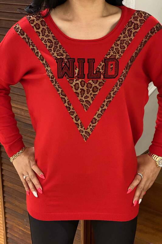 оптом женский трикотаж свитер с леопардовым принтом вышитый камнем - 16478 | КАZEE