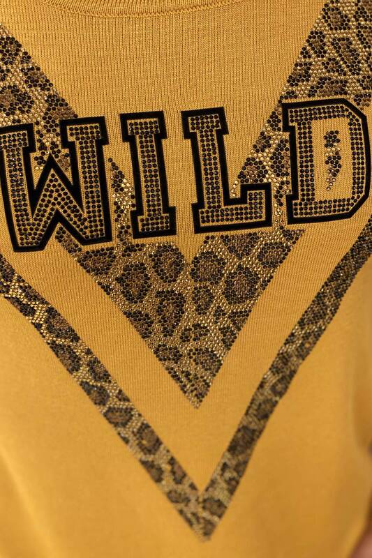 оптом женский трикотаж свитер с леопардовым принтом вышитый камнем - 16478 | КАZEE