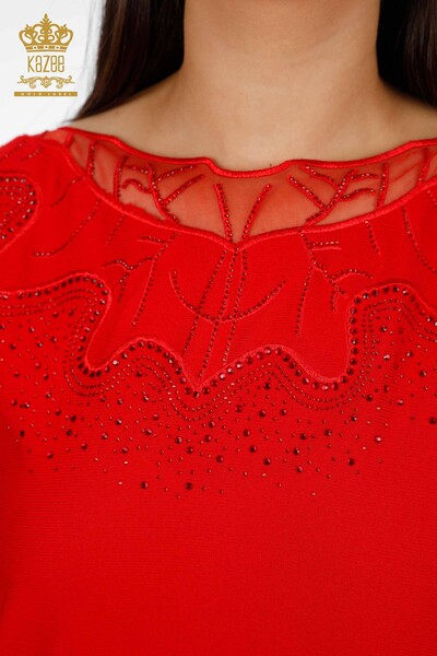 Женский трикотаж свитер оптом летучая мышь вышивка с тюлью камнями - 15686 | КАZЕЕ - Thumbnail