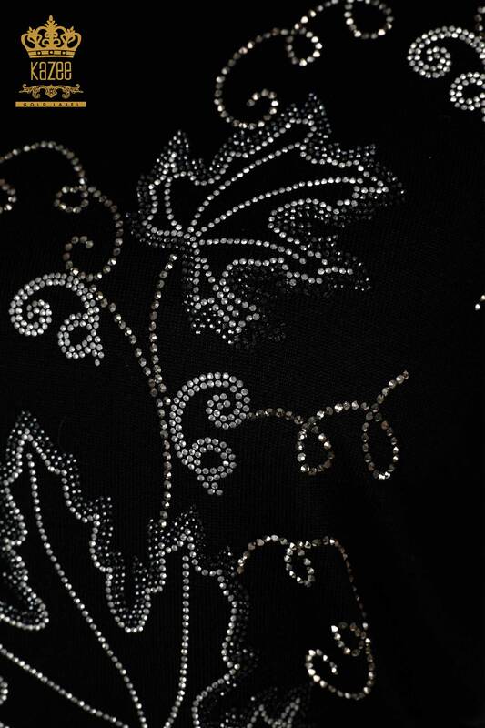 Женский вязаный свитер оптом, черный с вышивкой в ​​виде листьев - 30654 | КАZEE
