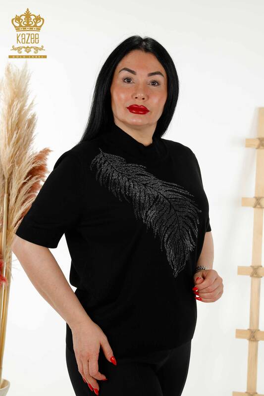 Женский трикотажный свитер оптом - с узором в виде листьев - черный - 30017 | КАZEE