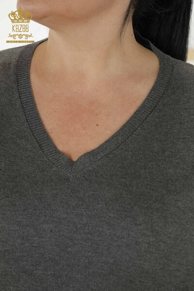 Женский трикотажный свитер оптом - С логотипом - V-образный вырез - Антрацит - 15685 | КАZEE - Thumbnail
