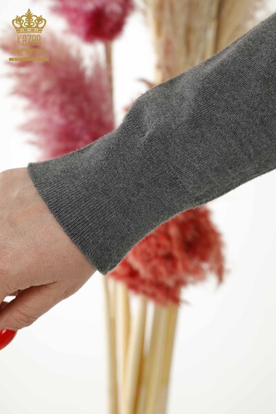Женский трикотажный свитер оптом - С логотипом - V-образный вырез - Антрацит - 15685 | КАZEE - Thumbnail