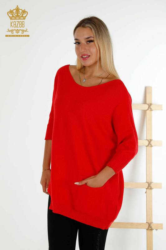 Женский трикотажный свитер оптом - Базовый - С карманом - Красный - 30237 | КАZEE