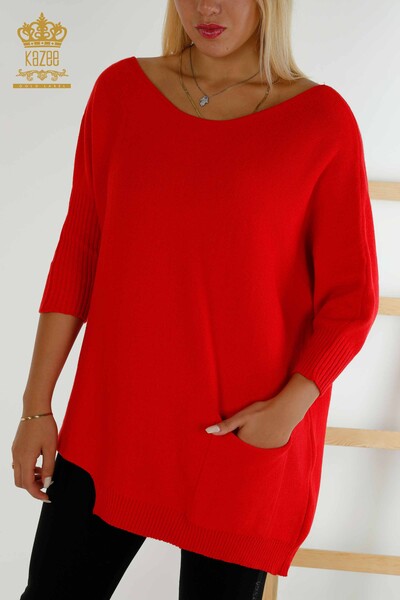 Женский трикотажный свитер оптом - Базовый - С карманом - Красный - 30237 | КАZEE - Thumbnail