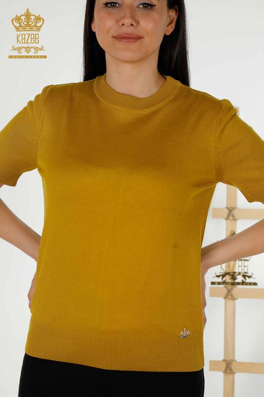 Женский трикотажный свитер оптом - Базовый - Логотип - Горчичный - 30254 | КАZEE