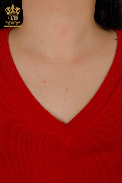 Женский трикотажный свитер оптом - Базовый - С логотипом - Красный - 30181 | КАZEE - Thumbnail