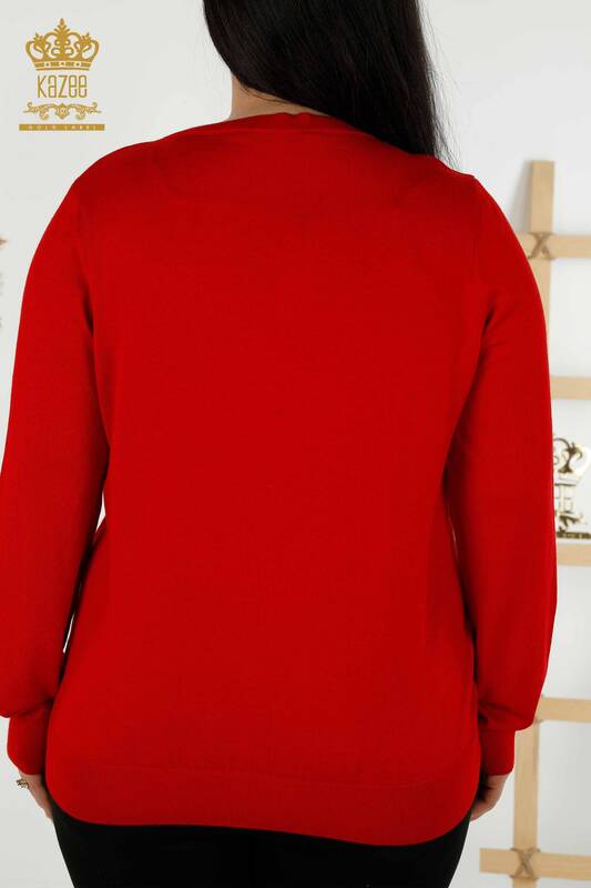 Женский трикотажный свитер оптом - Базовый - С логотипом - Красный - 30181 | КАZEE