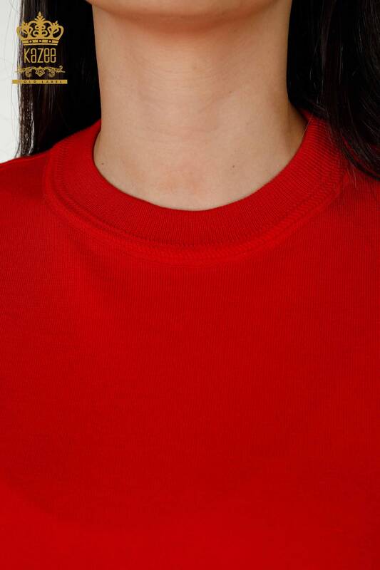 Женский трикотажный свитер оптом - Базовый - С логотипом - Красный - 30254 | КАZEE
