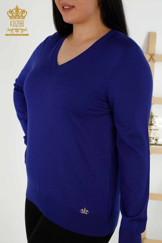 Женский трикотажный свитер оптом - Базовый - С логотипом - Темно-синий - 30181 | КАZEE
