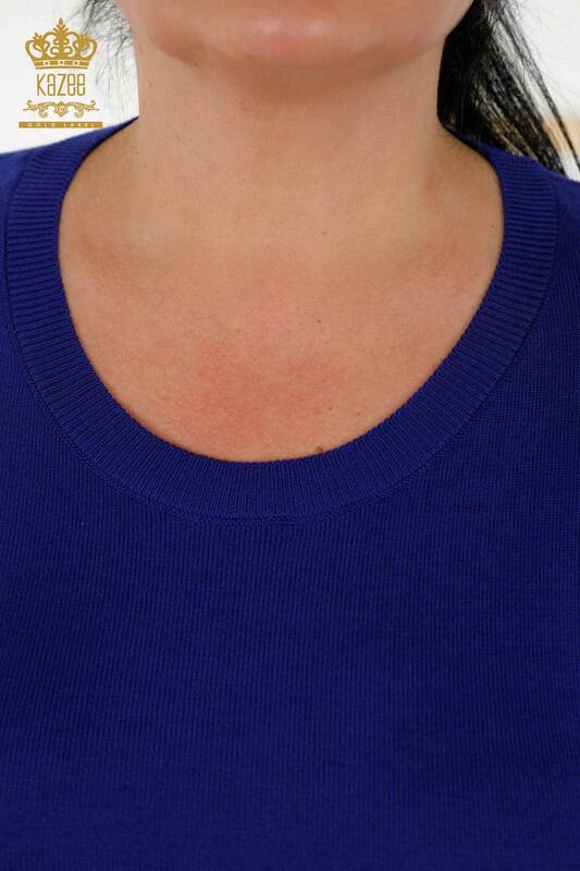 Женский трикотажный свитер оптом - Базовый - С логотипом - Темно-синий - 30213 | КАZEE