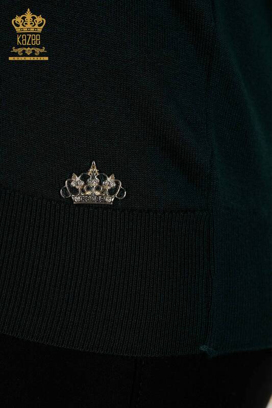 Женский трикотажный свитер оптом - Базовый - Логотип - Темно-зеленый - 30213 | КАZEE