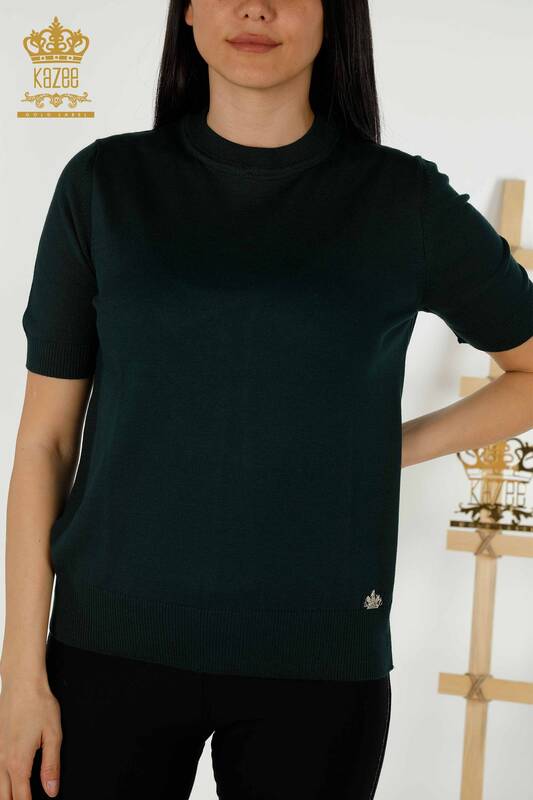 Женский трикотажный свитер оптом - Базовый - С логотипом - Темно-зеленый - 30254 | КАZEE