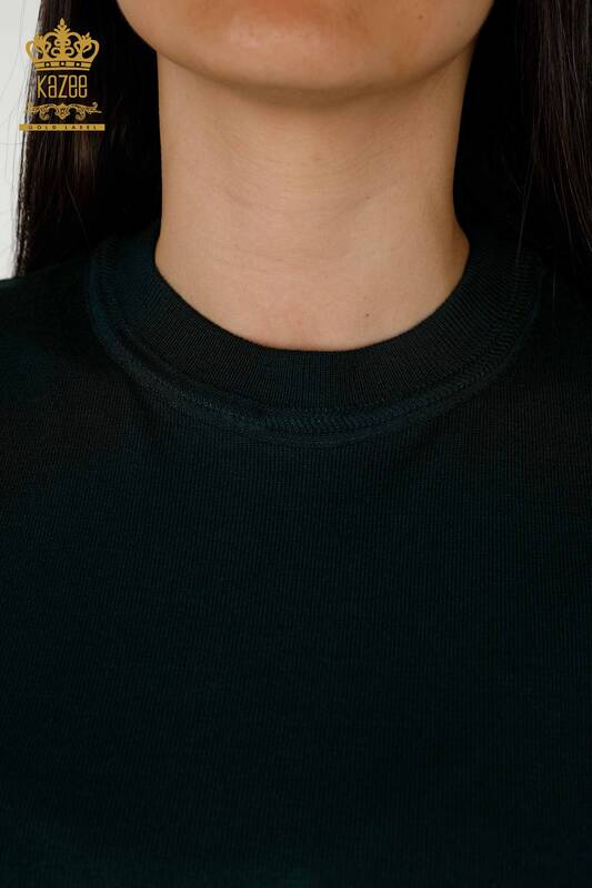 Женский трикотажный свитер оптом - Базовый - С логотипом - Темно-зеленый - 30254 | КАZEE