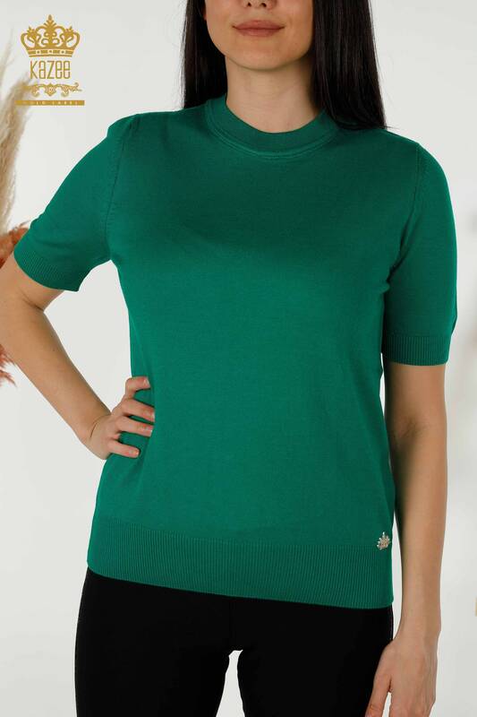 Женский трикотажный свитер оптом - Базовый - С логотипом - Зеленый - 30254 | КАZEE