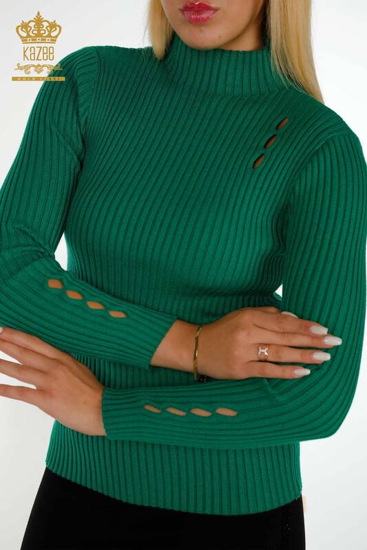 Женский трикотажный свитер оптом - подробное отверстие - зеленый - 30395 | КАZEE