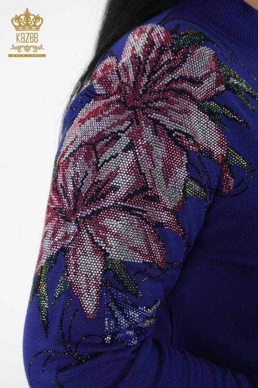 Женский свитер оптом - Плечо Цветочная деталь - Темно-синий - 30007 | КАZEE