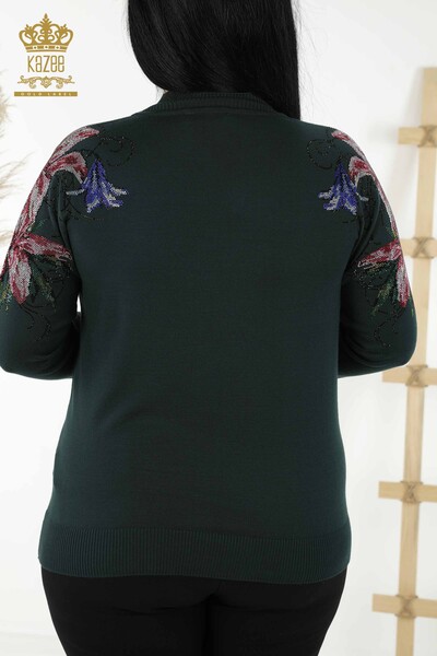 Женский свитер оптом - Плечо Цветочная деталь - Темно-зеленый - 30007 | КАZEE - Thumbnail