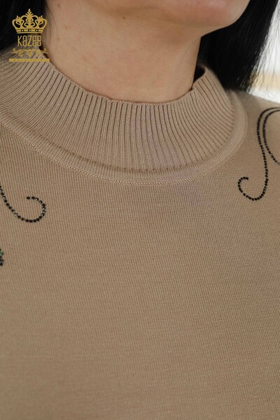 Женский свитер оптом - Плечо Цветочная деталь - Бежевый - 30007 | КАZEE - Thumbnail