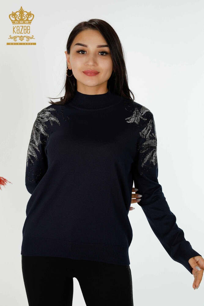 женский трикотаж свитер оптом плечо цветочный подробный темно-синий - 16597 | КАZEE - 1
