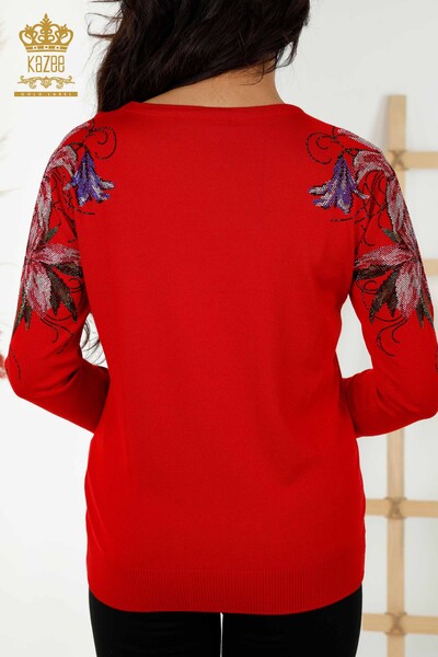 Женский трикотаж Свитер оптом Цветочная вышивка на плече - Красный - 30188 | КАZEE - Thumbnail