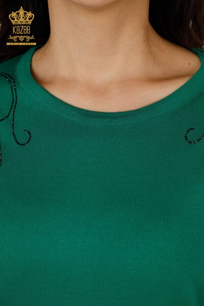Женский трикотаж Свитер оптом Цветочная вышивка на плече Зеленый - 30188 | КАZEE - Thumbnail