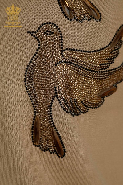 Женский вязаный свитер оптом - С вышивкой птиц - Бежевый - 30745 | КАZEE - Thumbnail