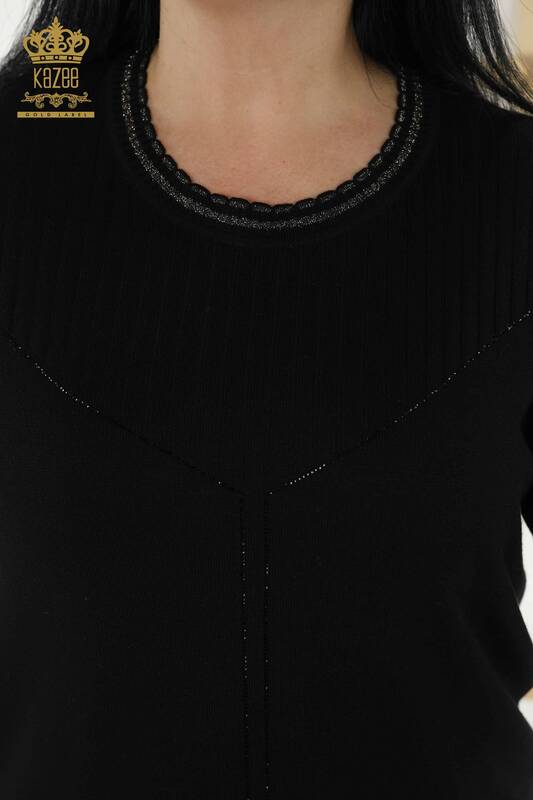 Женский трикотажный свитер оптом - Рукав Детали на пуговицах - Черный - 30082 | КАZEE
