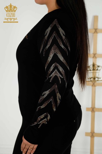 Женский трикотажный свитер оптом - Детальный рукав - Черный - 30030 | КАZEE - Thumbnail